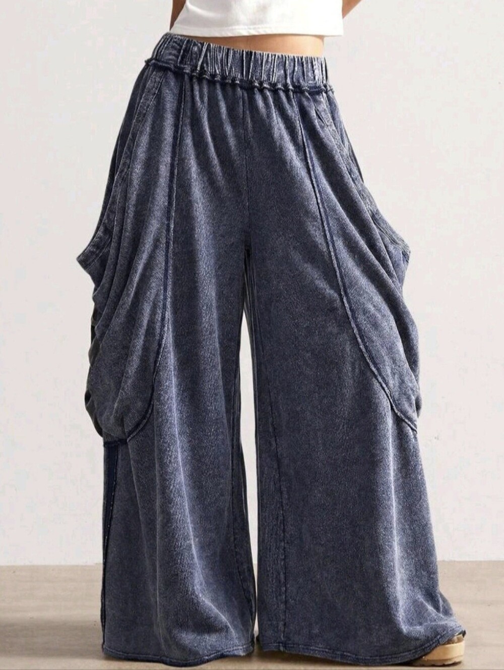 Draped Wide-Leg Boho Pants in Washed Plested Blue Elastic Plus Size XL Casual - Picture 5 of 7
